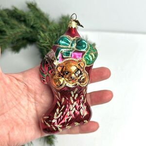 Neiman Marcus 2008 Glass Christmas Ornament Christmas Stocking With Teddy Bear